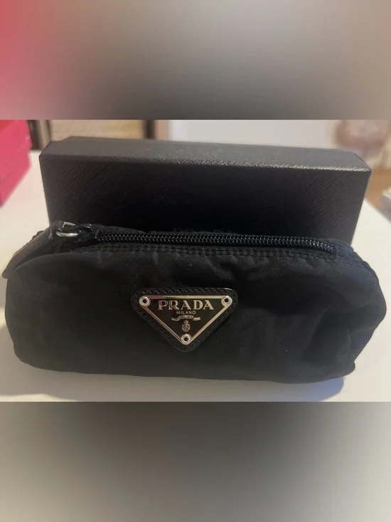 Prada Small Black Nylon Triangle Logo Pouch with Silver Plaque - Picture 3 of 4